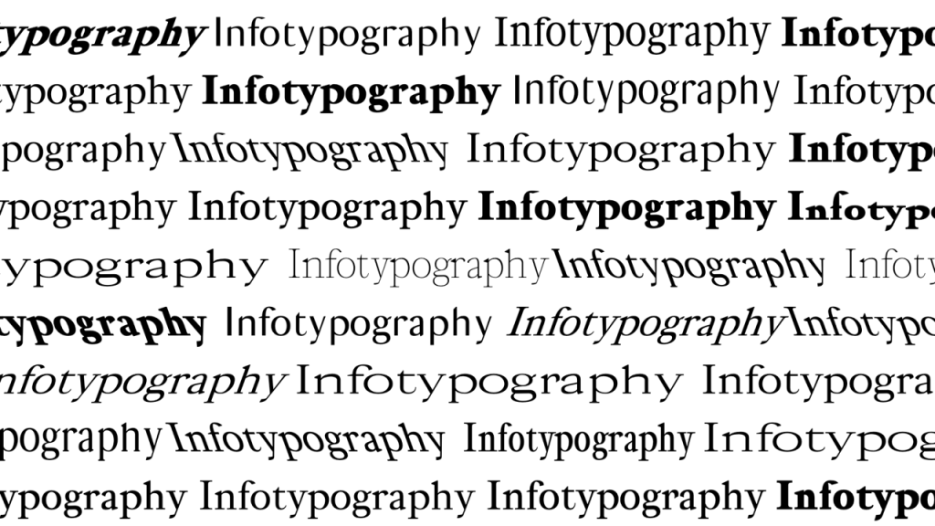The word infotypography rendered in many different weights, widths, contasts etc.